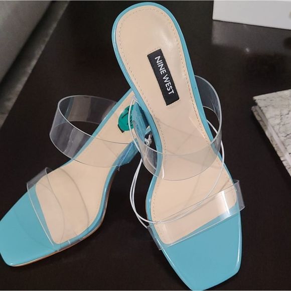 NINE WEST Heeled Slide Sandals transparent straps heels women blue turquoise blu - Picture 2 of 6